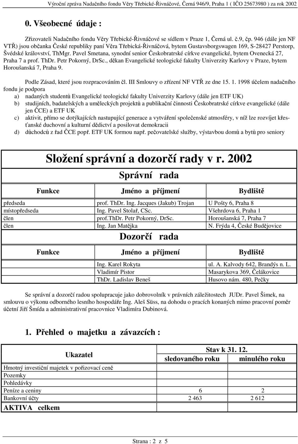 Pavel Smetana, synodní senior Českobratrské církve evangelické, bytem Ovenecká 27, Praha 7 a prof. ThDr. Petr Pokorný, DrSc.