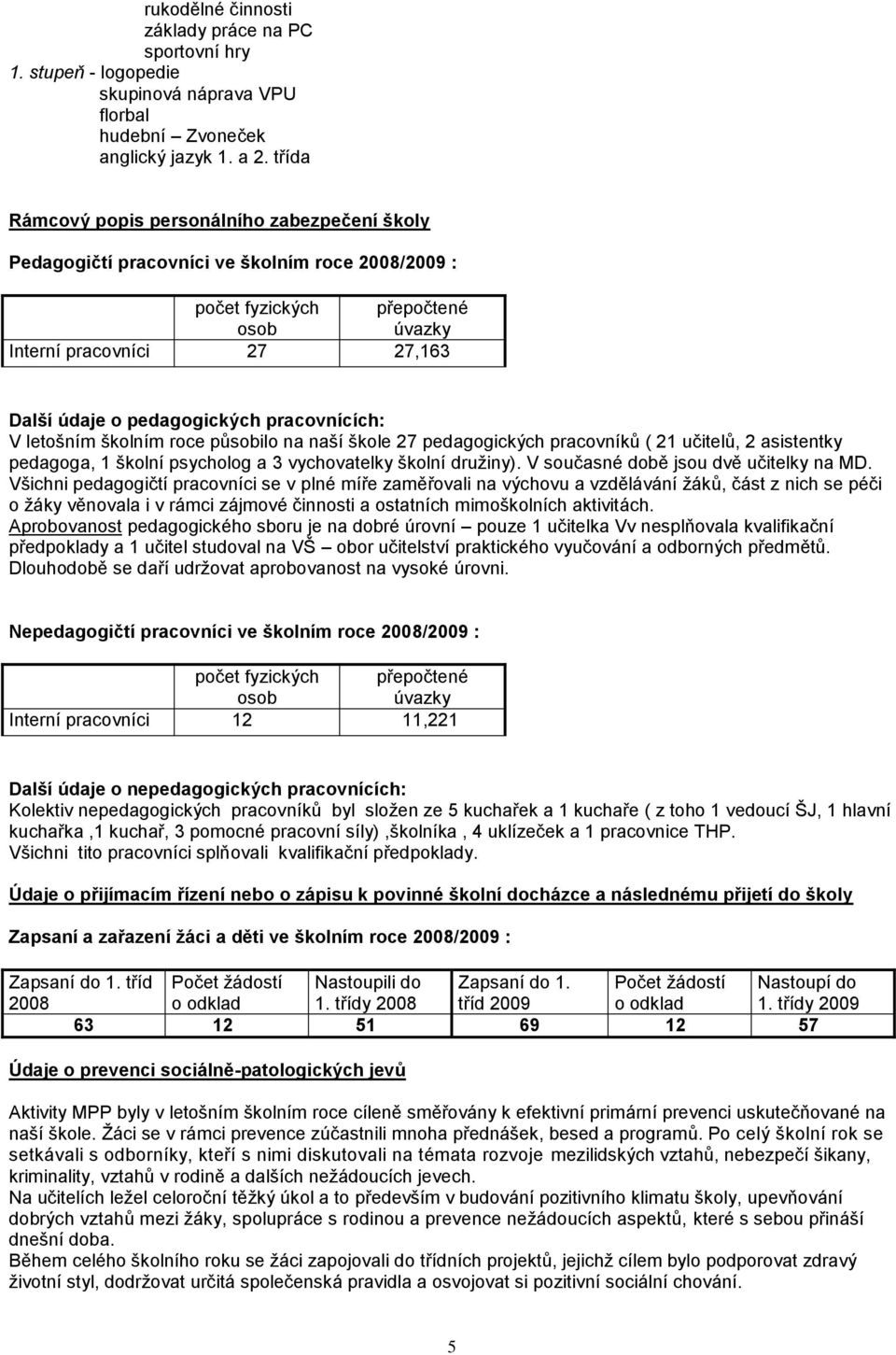 pracovnících: V letošním školním roce působilo na naší škole 27 pedagogických pracovníků ( 21 učitelů, 2 asistentky pedagoga, 1 školní psycholog a 3 vychovatelky školní druţiny).