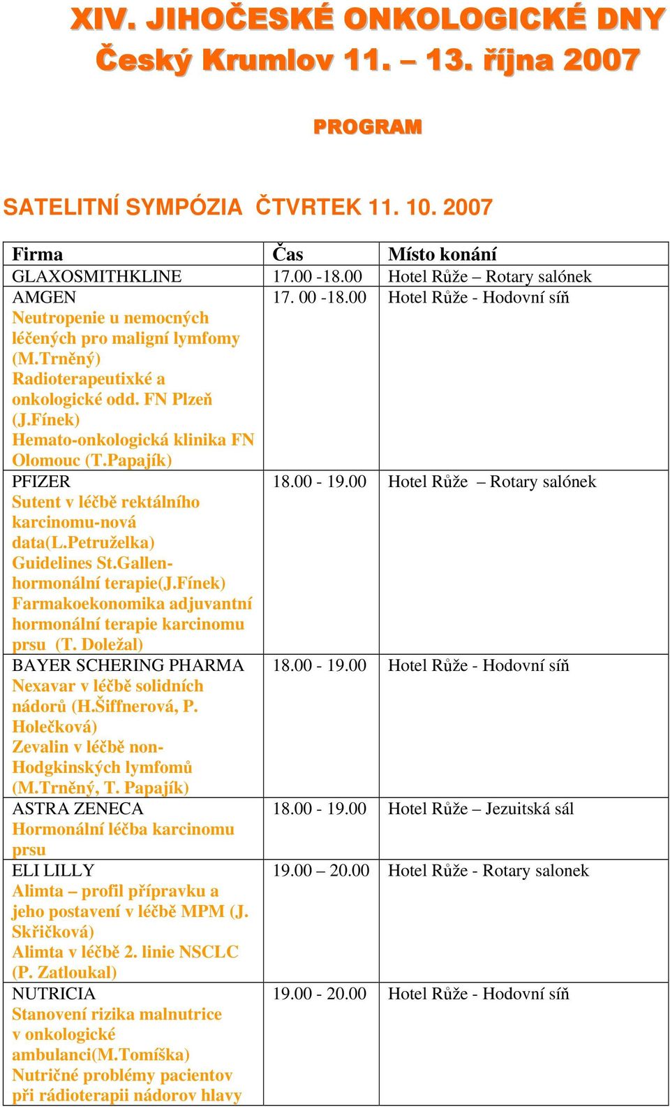 Papajík) PFIZER 18.00-19.00 Hotel Růže Rotary salónek Sutent v léčbě rektálního karcinomu-nová data(l.petruželka) Guidelines St.Gallenhormonální terapie(j.