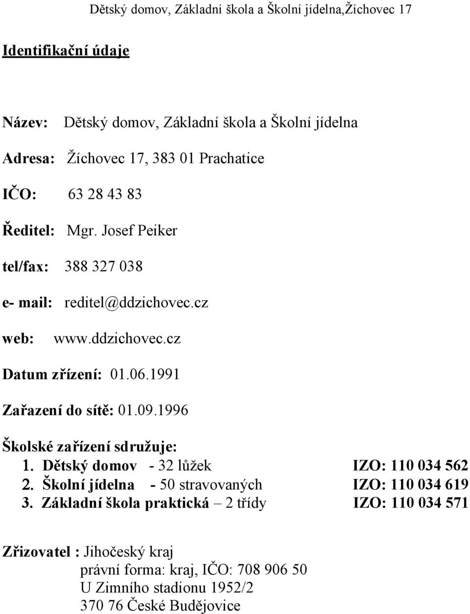 1996 Školské zařízení sdružuje: 1. Dětský domov - 32 lůžek IZO: 110 034 562 2. Školní jídelna - 50 stravovaných IZO: 110 034 619 3.