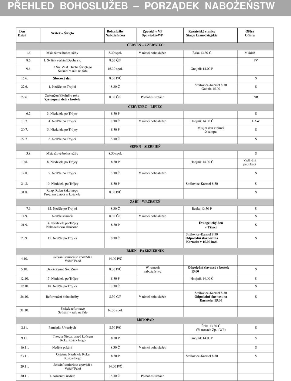 6. borový den 8.30 P/Č 22.6. 1. Neděle po Trojici 8.30 Č 29.6. Zakončení školního roku Vystoupení dětí v kostele milovice-karmel 8.30 Godula 15.00 8.30 Č/P Po bohoslužbách NB ČERVENEC LIPIEC 6.7. 3.