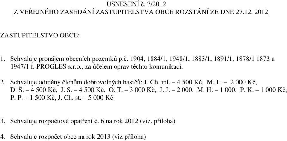 2. Schvaluje odměny členům dobrovolných hasičů: J. Ch. ml. 4 500 Kč, M. L. 2 000 Kč, D. Š. 4 500 Kč, J. S. 4 500 Kč, O. T. 3 000 Kč, J. J. 2 000, M.