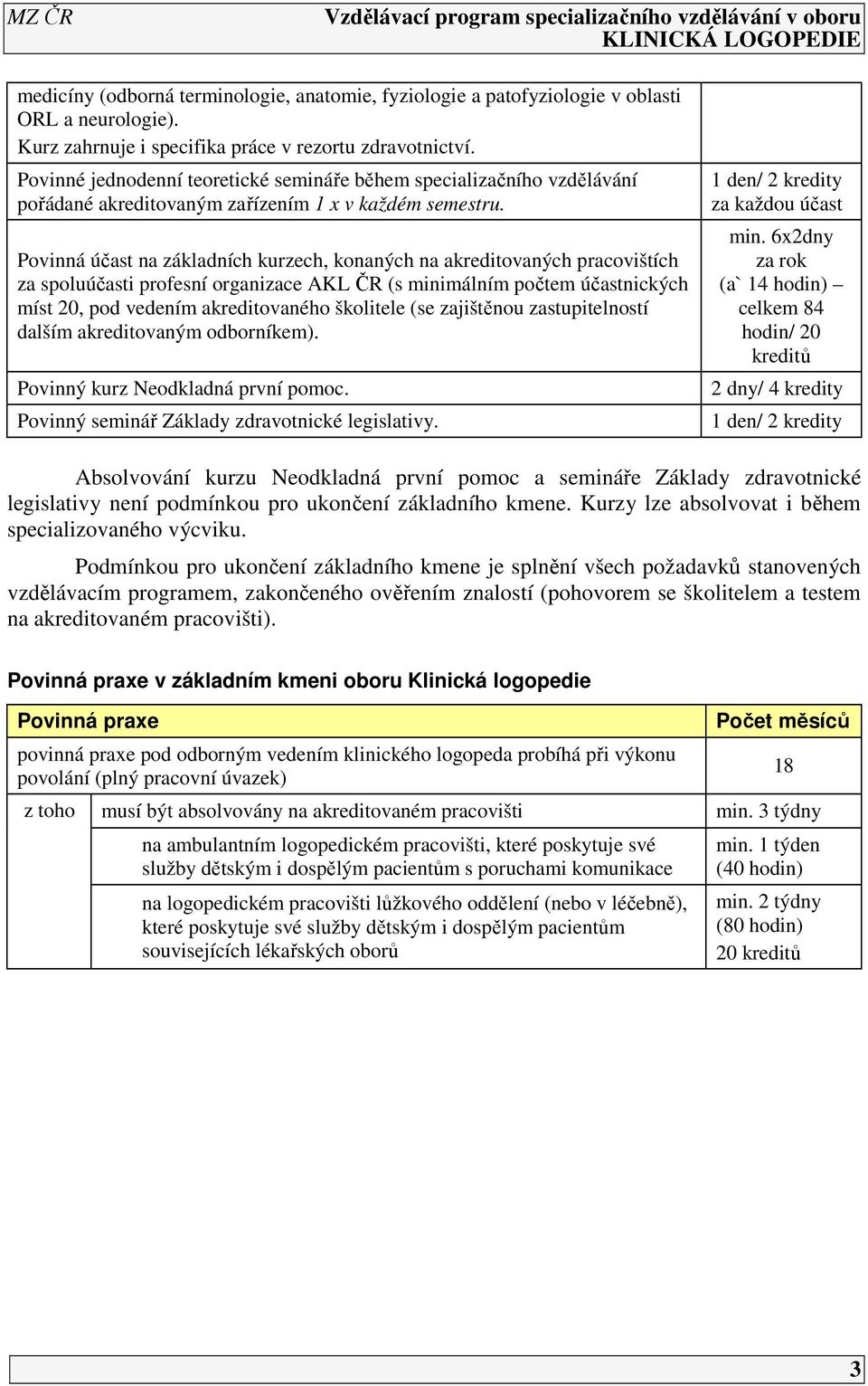 Povinná účast na základních kurzech, konaných na akreditovaných pracovištích za spoluúčasti profesní organizace AKL ČR (s minimálním počtem účastnických míst 20, pod vedením akreditovaného školitele