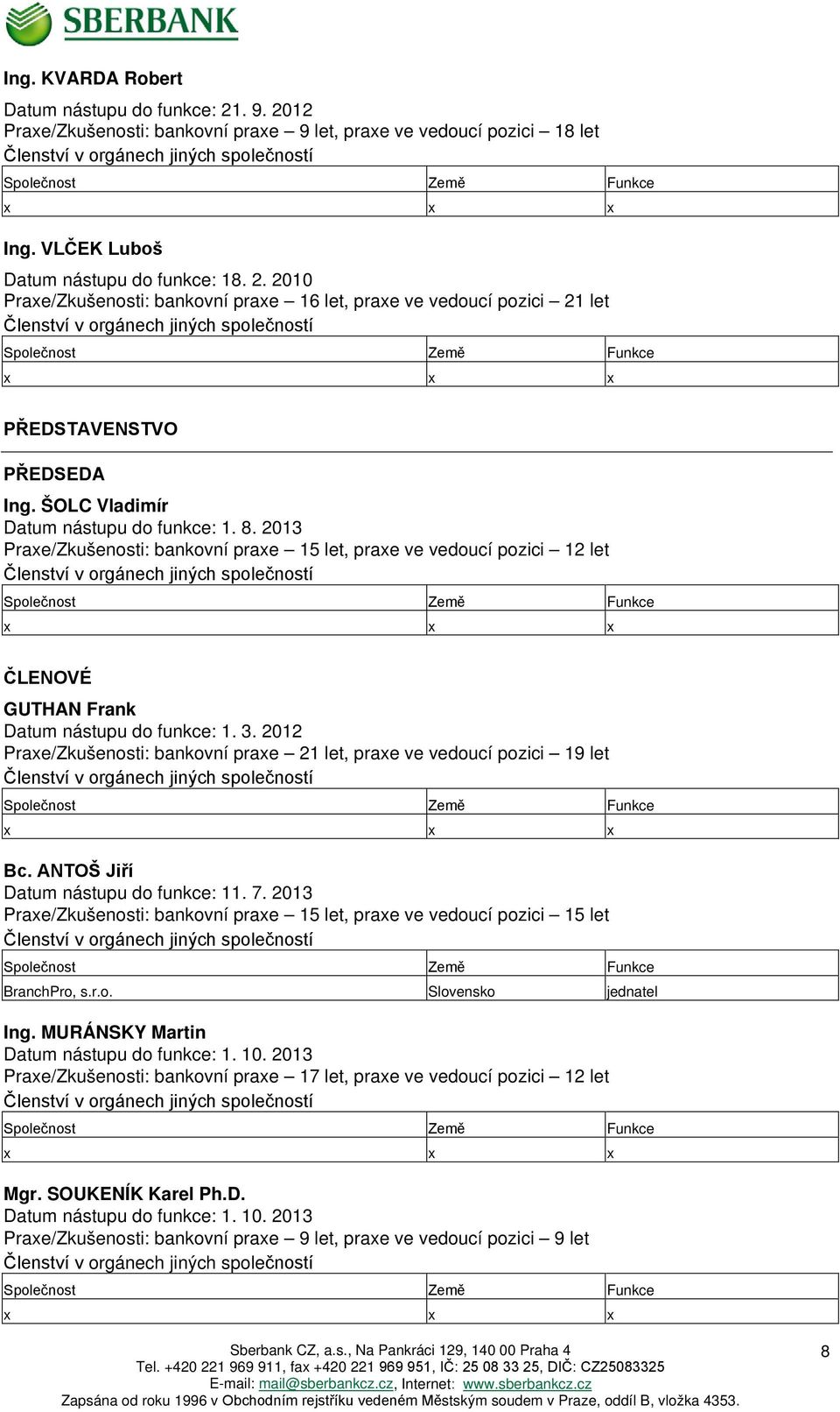 2010 Praxe/Zkušenosti: bankovní praxe 16 let, praxe ve vedoucí pozici 21 let Členství v orgánech jiných společností Společnost Země Funkce x x x PŘEDSTAVENSTVO PŘEDSEDA Ing.