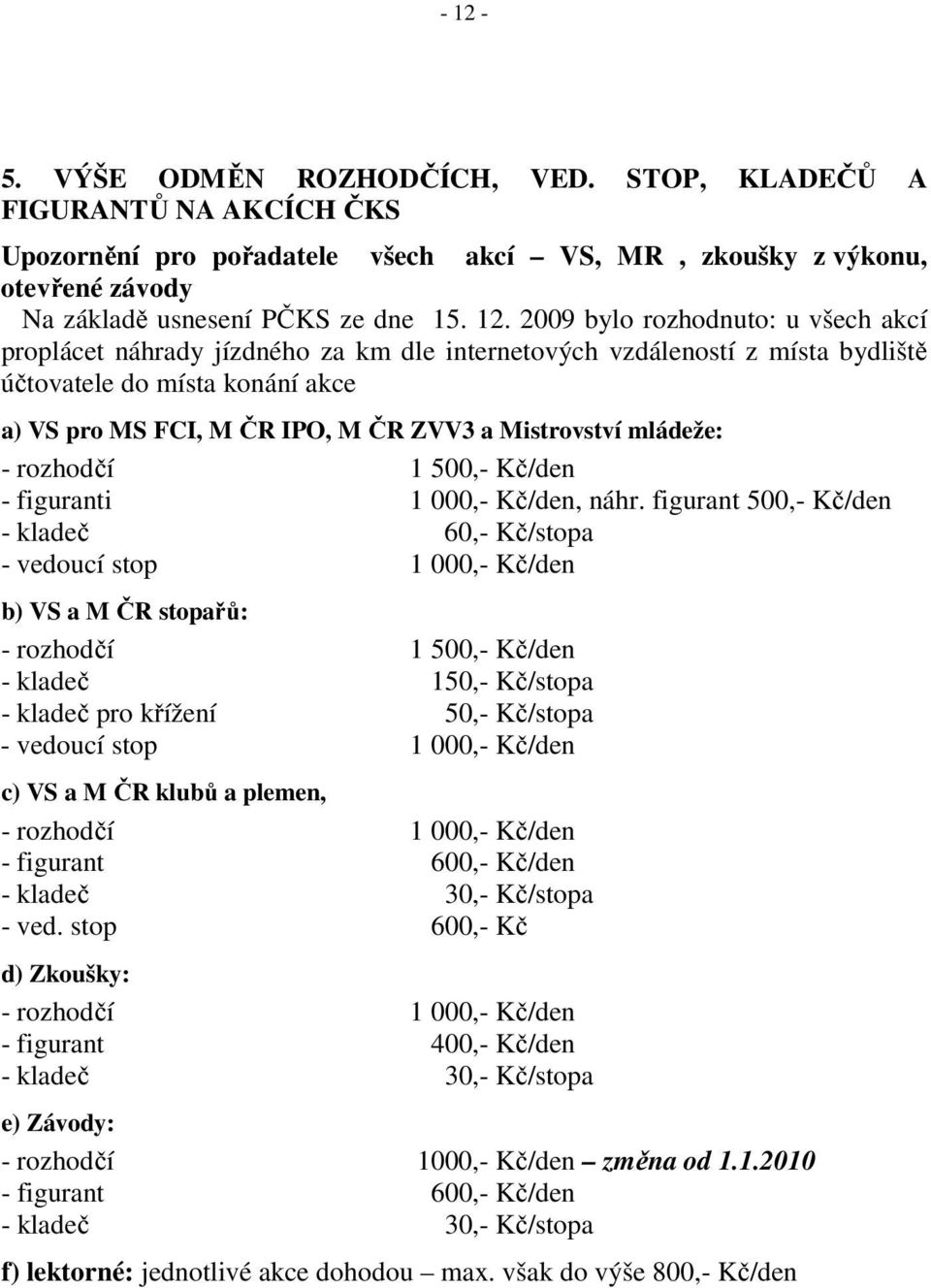 mládeže: - rozhodčí 1 500,- Kč/den - figuranti 1 000,- Kč/den, náhr.