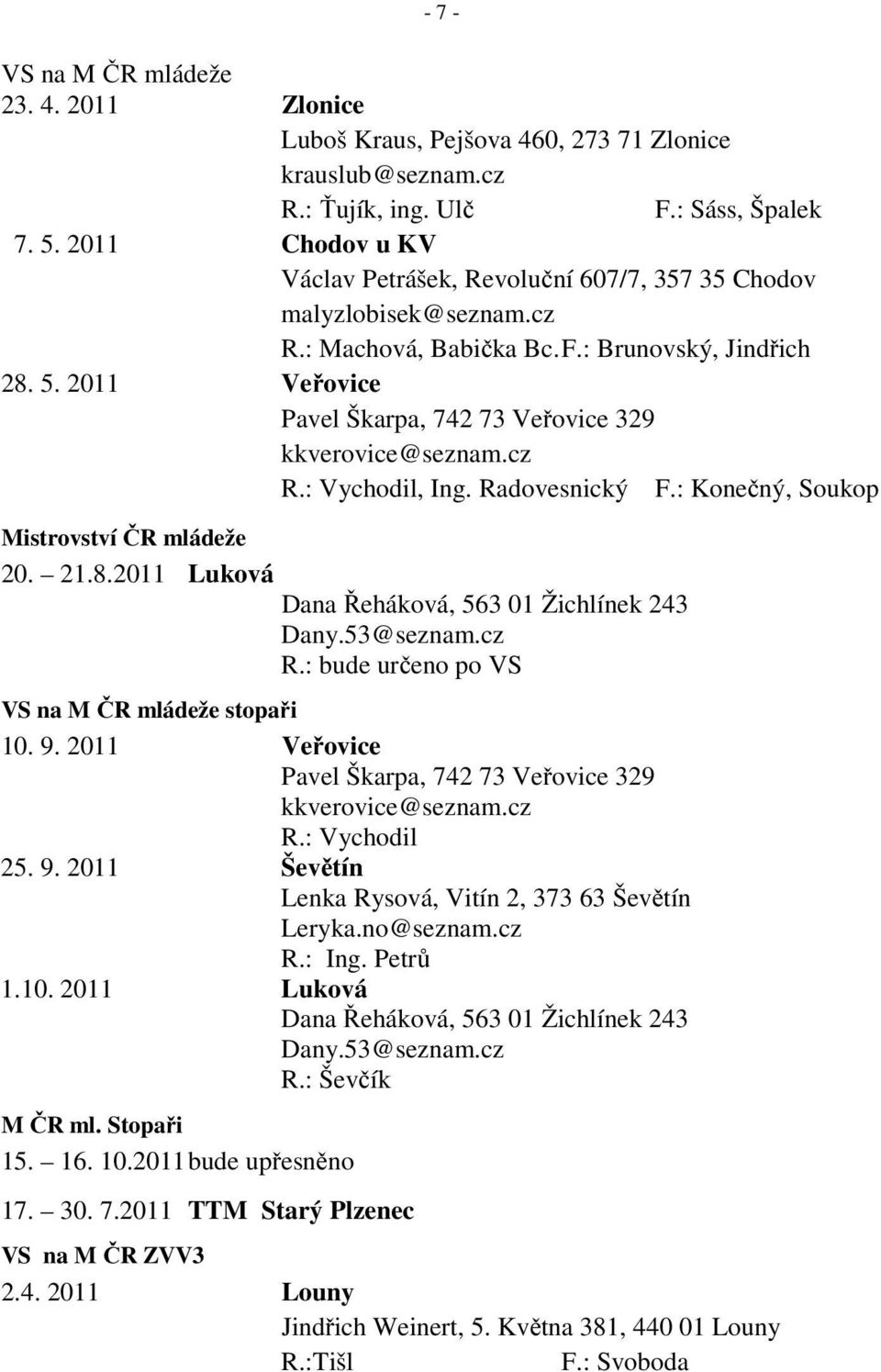 2011 Veřovice Pavel Škarpa, 742 73 Veřovice 329 kkverovice@seznam.cz R.: Vychodil, Ing. Radovesnický F.: Konečný, Soukop Mistrovství ČR mládeže 20. 21.8.