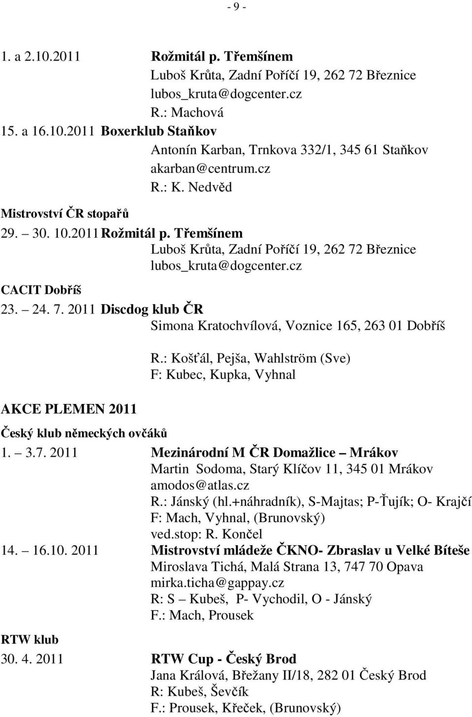 Březnice lubos_kruta@dogcenter.cz CACIT Dobříš 23. 24. 7. 2011 Discdog klub ČR Simona Kratochvílová, Voznice 165, 263 01 Dobříš AKCE PLEMEN 2011 R.