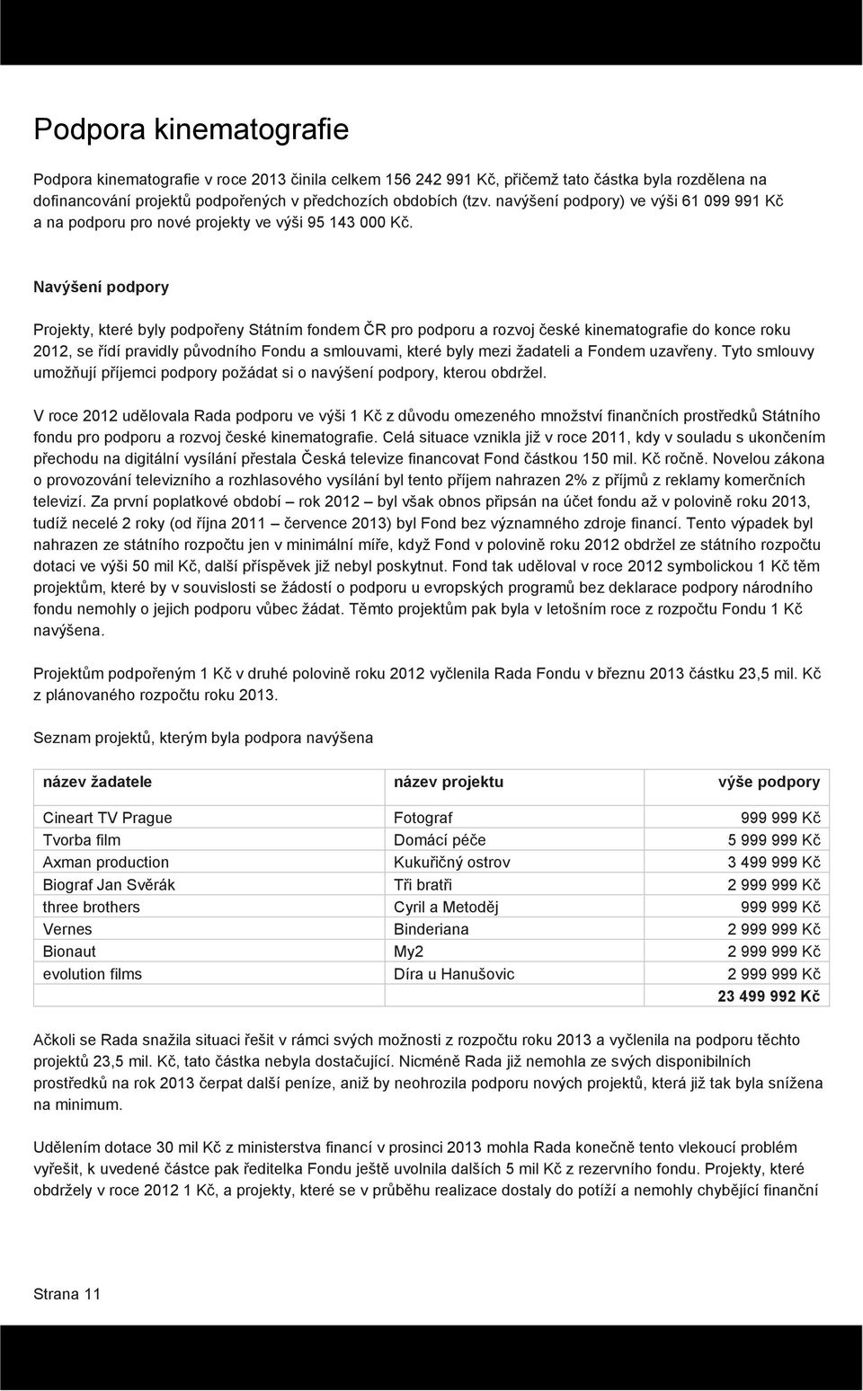 Navýšení podpory Projekty, které byly podpořeny Státním fondem ČR pro podporu a rozvoj české kinematografie do konce roku 2012, se řídí pravidly původního Fondu a smlouvami, které byly mezi žadateli