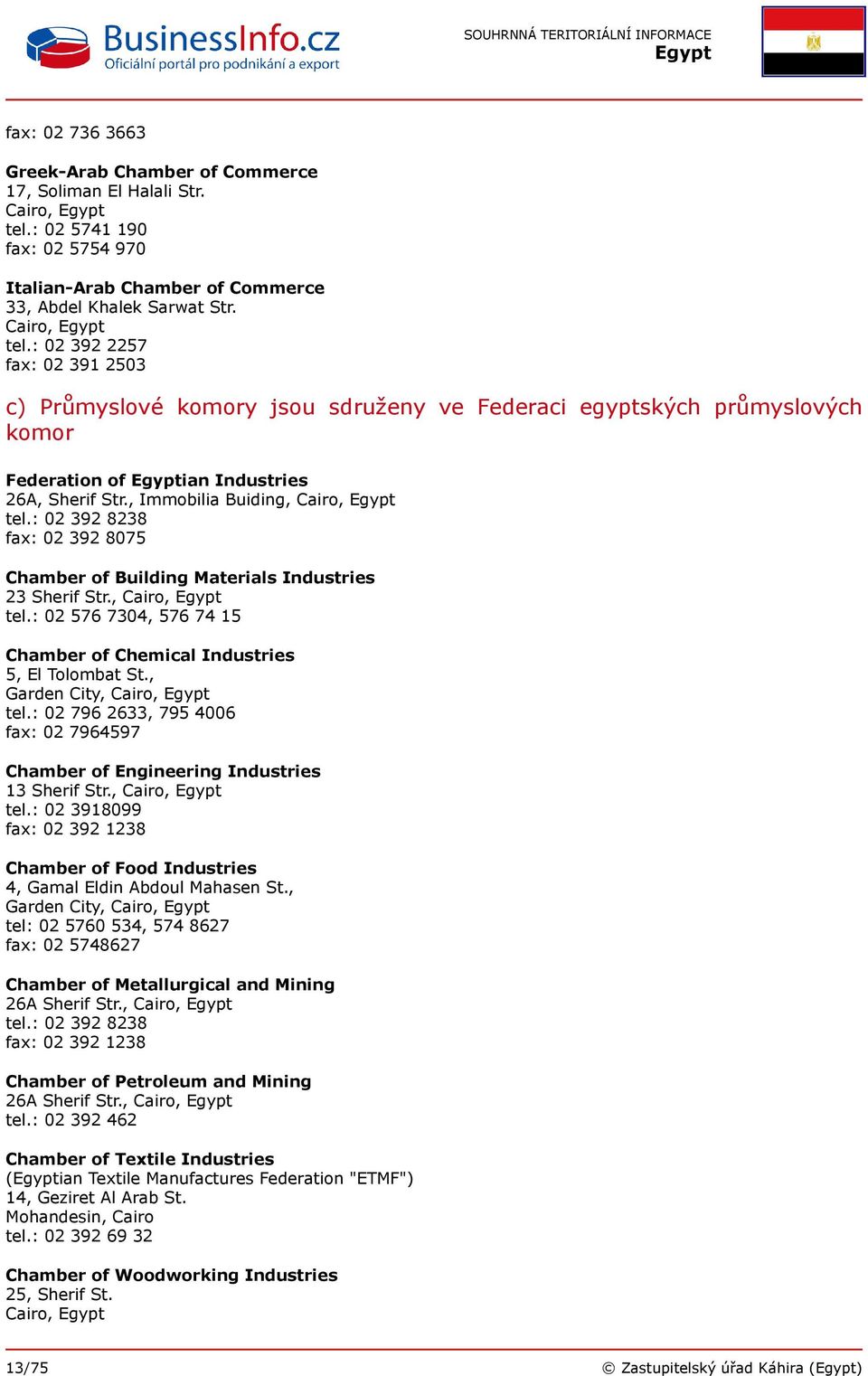 : 02 392 2257 fax: 02 391 2503 c) Průmyslové komory jsou sdruženy ve Federaci egyptských průmyslových komor Federation of ian Industries 26A, Sherif Str., Immobilia Buiding, Cairo, tel.