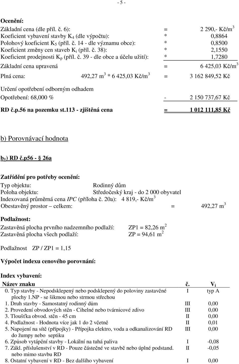 39 - dle obce a účelu užití): * 1,7280 Základní cena upravená = 6 425,03 Kč/m 3 Plná cena: 492,27 m 3 * 6 425,03 Kč/m 3 = 3 162 849,52 Kč Určení opotřebení odborným odhadem Opotřebení: 68,000 % - 2