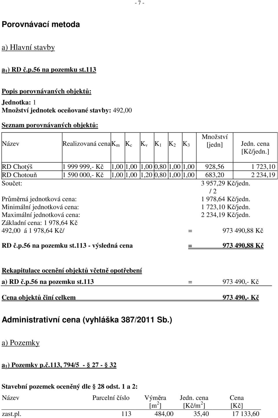 ] RD Chotýš 1 999 999,- Kč 1,00 1,00 1,00 0,80 1,00 1,00 928,56 1 723,10 RD Chotouň 1 590 000,- Kč 1,00 1,00 1,20 0,80 1,00 1,00 683,20 2 234,19 Součet: 3 957,29 Kč/jedn.