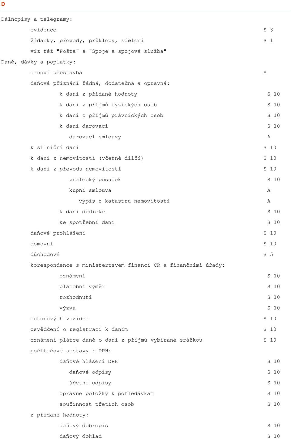 (včetně dílčí) S 10 k dani z převodu nemovitostí S 10 znalecký posudek S 10 kupní smlouva výpis z katastru nemovitostí k dani dědické S 10 ke spotřební dani S 10 daňové prohlášení S 10 domovní S 10
