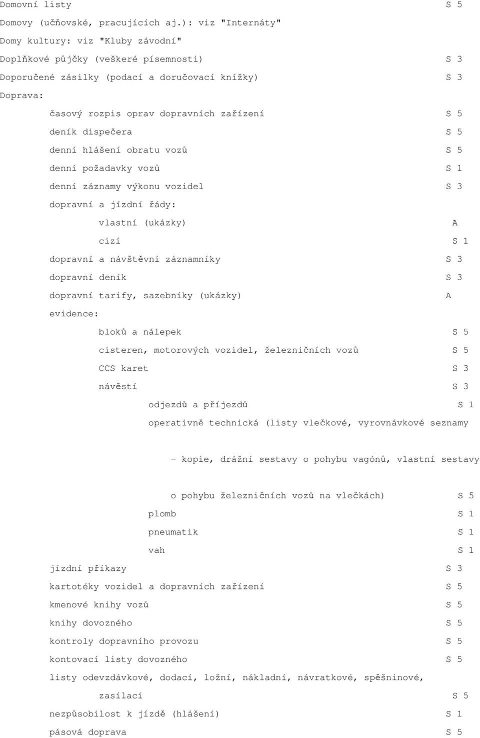 deník dispečera S 5 denní hlášení obratu vozů S 5 denní požadavky vozů S 1 denní záznamy výkonu vozidel S 3 dopravní a jízdní řády: vlastní (ukázky) cizí S 1 dopravní a návštěvní záznamníky S 3