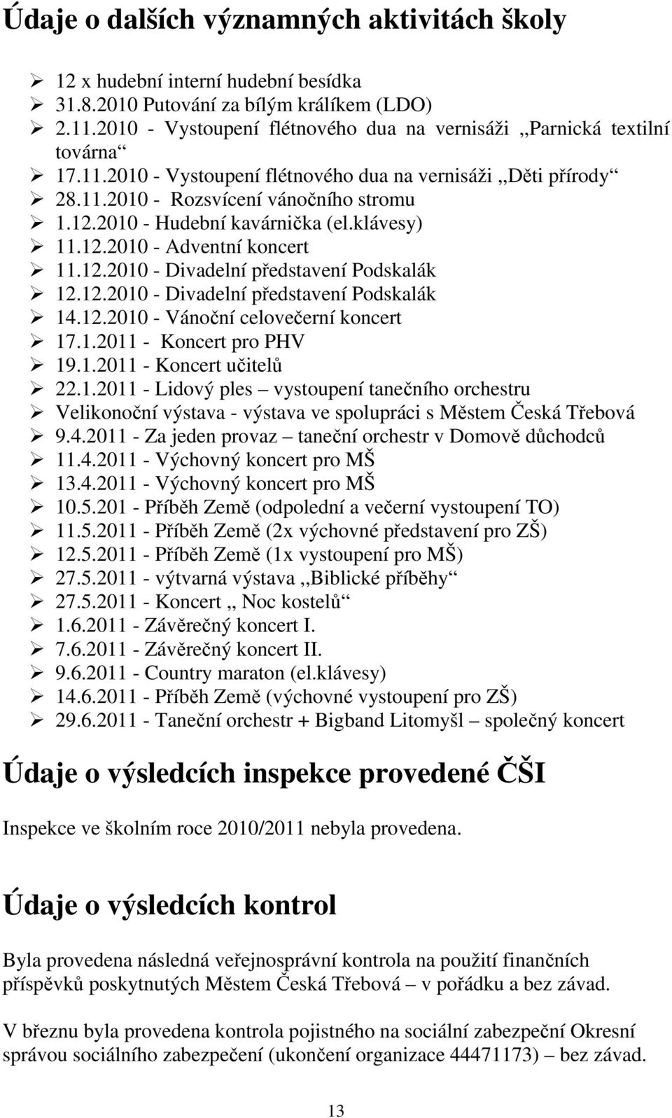 2010 - Hudební kavárnička (el.klávesy) 11.12.2010 - Adventní koncert 11.12.2010 - Divadelní představení Podskalák 12.12.2010 - Divadelní představení Podskalák 14.12.2010 - Vánoční celovečerní koncert 17.