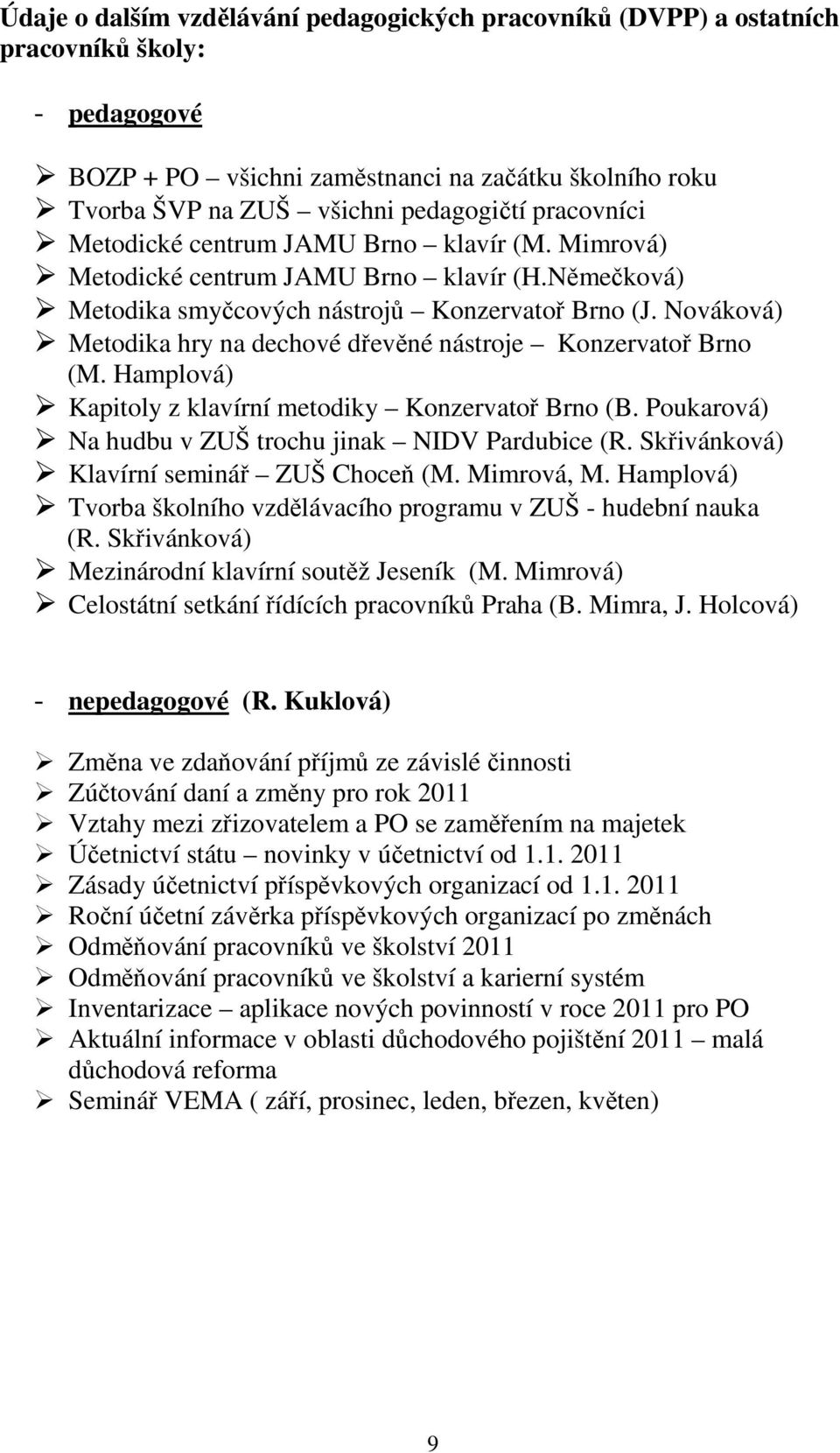 Nováková) Metodika hry na dechové dřevěné nástroje Konzervatoř Brno (M. Hamplová) Kapitoly z klavírní metodiky Konzervatoř Brno (B. Poukarová) Na hudbu v ZUŠ trochu jinak NIDV Pardubice (R.