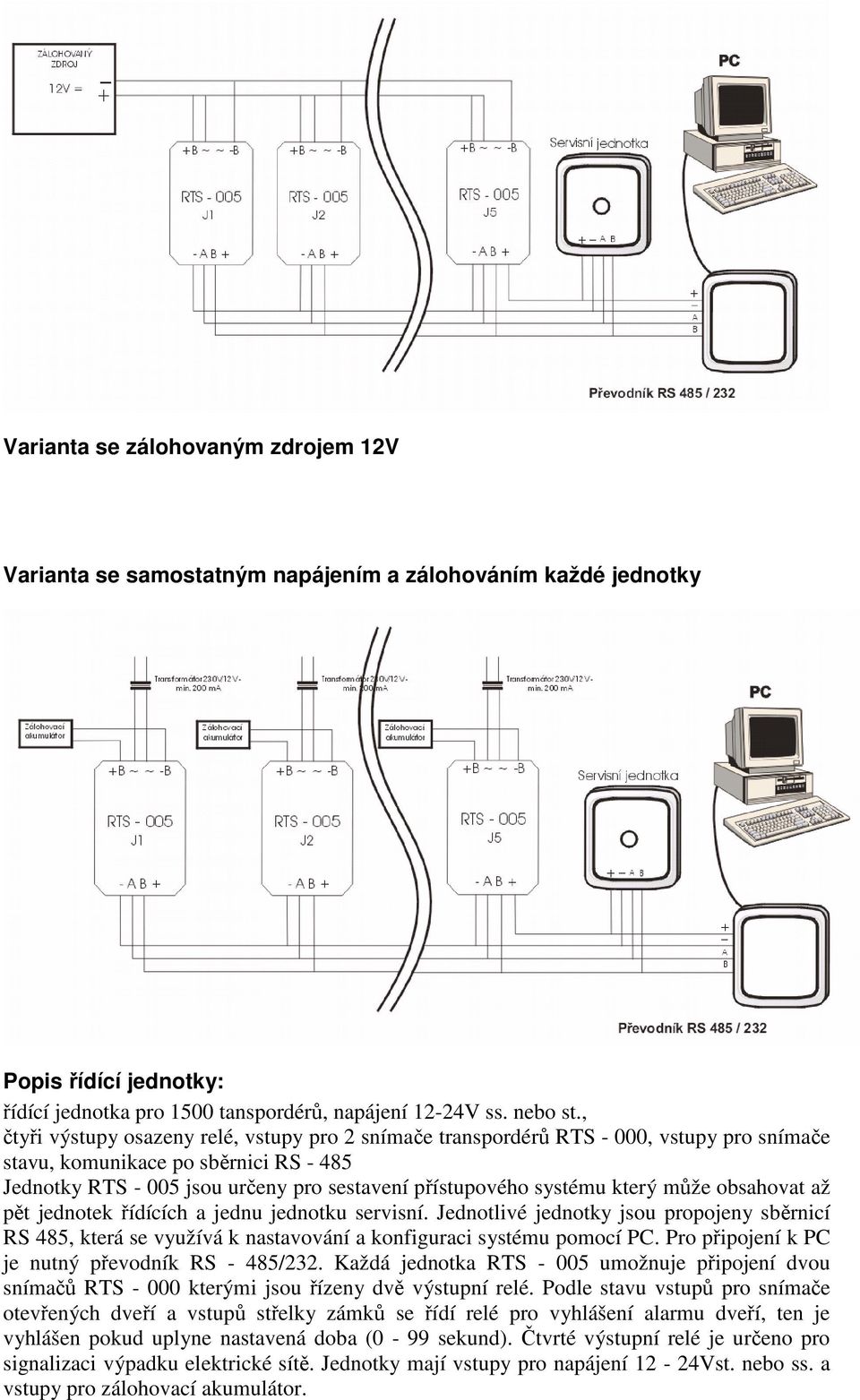 který může obsahovat až pět jednotek řídících a jednu jednotku servisní. Jednotlivé jednotky jsou propojeny sběrnicí RS 485, která se využívá k nastavování a konfiguraci systému pomocí PC.