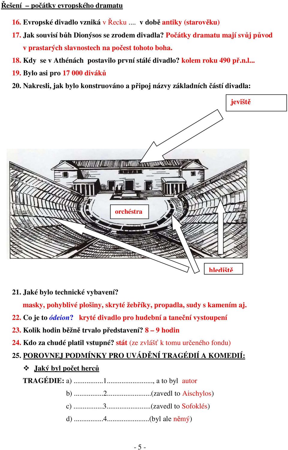 Nakresli, jak bylo konstruováno a připoj názvy základních částí divadla: jeviště orchéstra hlediště 21. Jaké bylo technické vybavení?