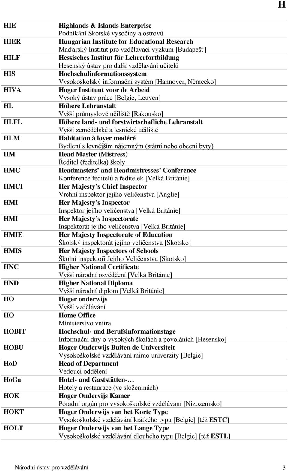 Vysokoškolský informační systém [Hannover, Německo] Hoger Instituut voor de Arbeid Vysoký ústav práce [Belgie, Leuven] Höhere Lehranstalt Vyšší průmyslové učiliště [Rakousko] Höhere land- und