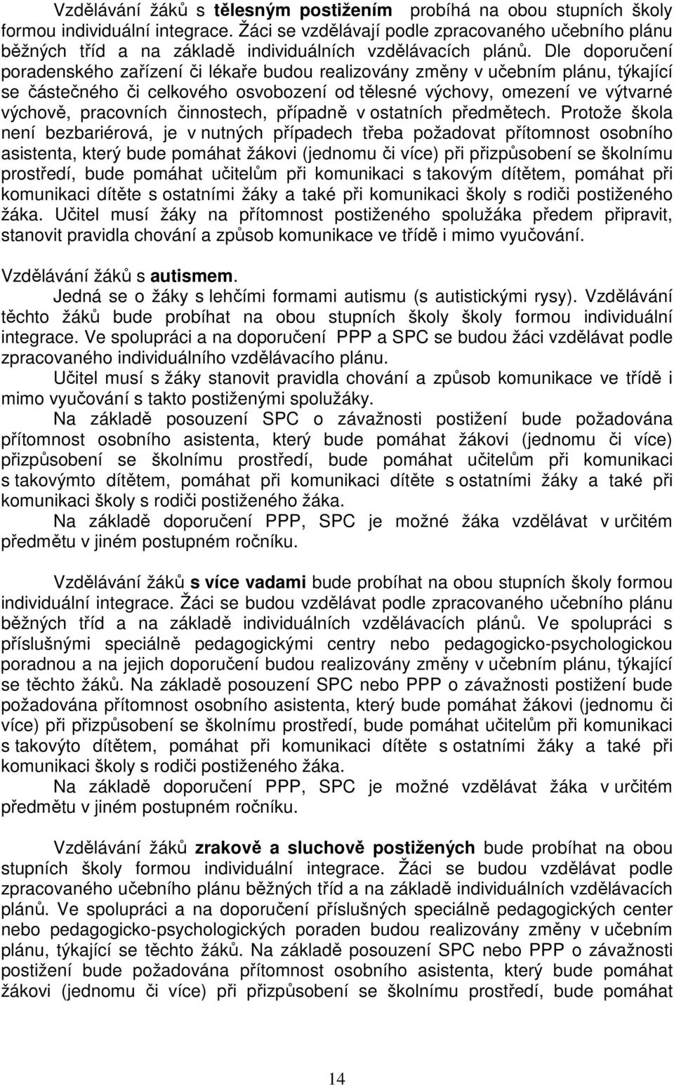 Dle doporučení poradenského zařízení či lékaře budou realizovány změny v učebním plánu, týkající se částečného či celkového osvobození od tělesné výchovy, omezení ve výtvarné výchově, pracovních