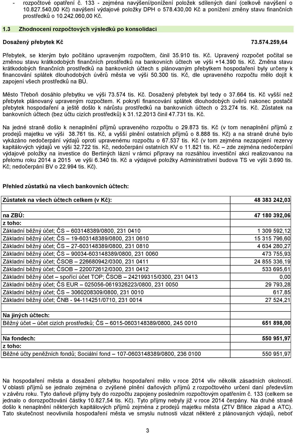 259,64 Přebytek, se kterým bylo počítáno upraveným rozpočtem, činil 35.910 tis. Kč.