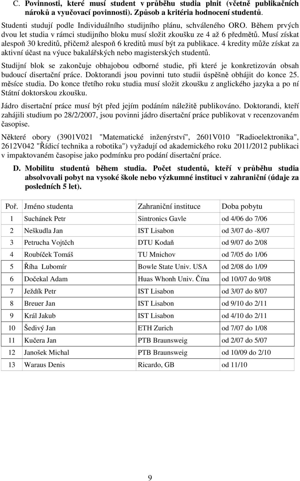 Musí získat alespoň 30 kreditů, přičemž alespoň 6 kreditů musí být za publikace. 4 kredity může získat za aktivní účast na výuce bakalářských nebo magisterských studentů.