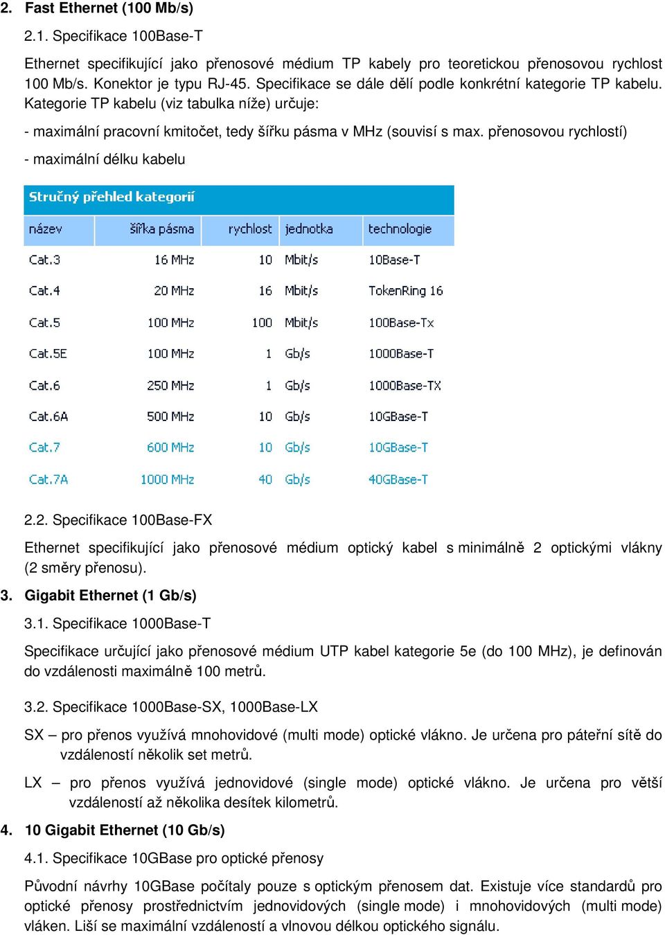 přenosovou rychlostí) - maximální délku kabelu 2.2. Specifikace 100Base-FX Ethernet specifikující jako přenosové médium optický kabel s minimálně 2 optickými vlákny (2 směry přenosu). 3.