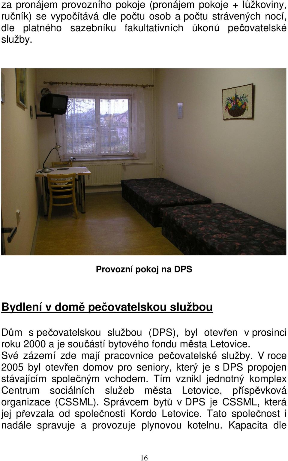 Své zázemí zde mají pracovnice pečovatelské služby. V roce 2005 byl otevřen domov pro seniory, který je s DPS propojen stávajícím společným vchodem.