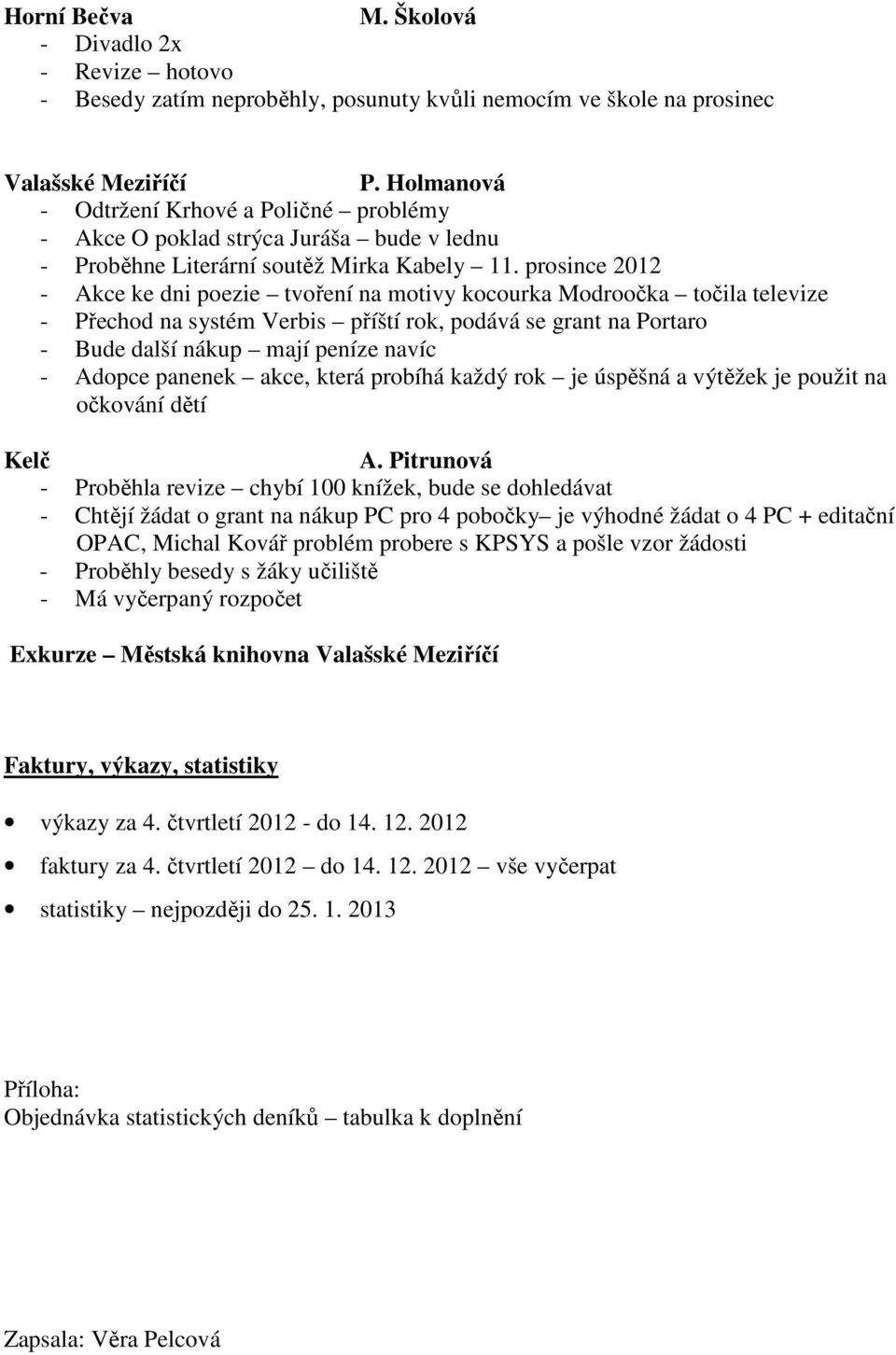 prosince 2012 - Akce ke dni poezie tvoření na motivy kocourka Modroočka točila televize - Přechod na systém Verbis příští rok, podává se grant na Portaro - Bude další nákup mají peníze navíc - Adopce