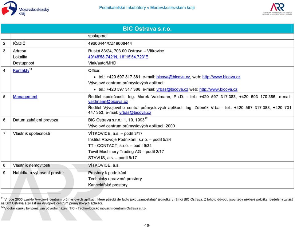 Marek Valdmann, Ph.D. - tel.: +420 597 317 383, +420 603 170 386, e-mail: valdmann@bicova.cz 6 Datum zahájení provozu BIC Ostrava s.r.o.: 1. 10.