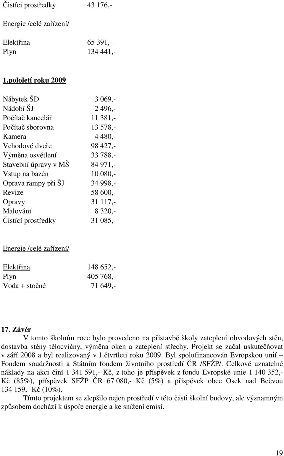 971,- Vstup na bazén 10 080,- Oprava rampy při ŠJ 34 998,- Revize 58 600,- Opravy 31 117,- Malování 8 320,- Čistící prostředky 31 085,- Energie /celé zařízení/ Elektřina 148 652,- Plyn 405 768,- Voda