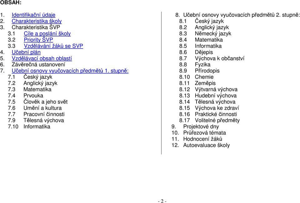 9 Tělesná výchova 7.10 Informatika 8. Učební osnovy vyučovacích předmětů 2. stupně: 8.1 Český jazyk 8.2 Anglický jazyk 8.3 Německý jazyk 8.4 Matematika 8.5 Informatika 8.6 Dějepis 8.