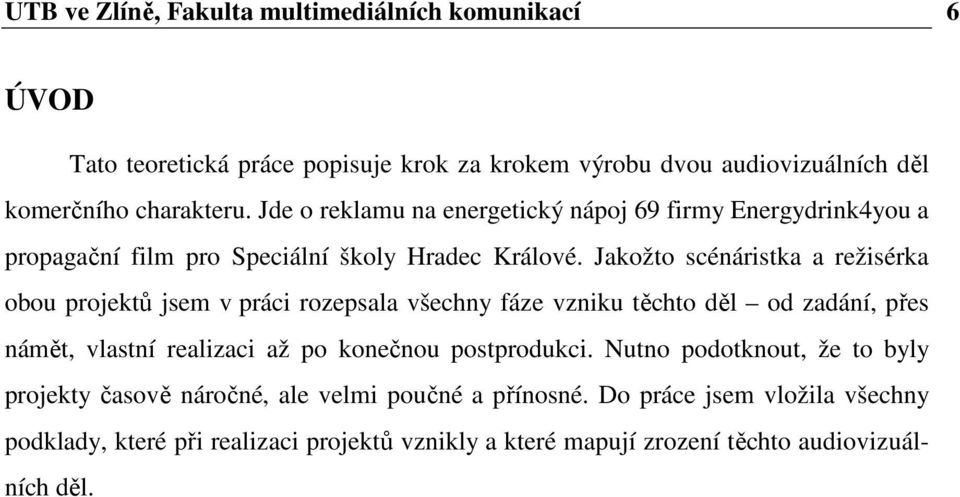 Jakožto scénáristka a režisérka obou projektů jsem v práci rozepsala všechny fáze vzniku těchto děl od zadání, přes námět, vlastní realizaci až po konečnou