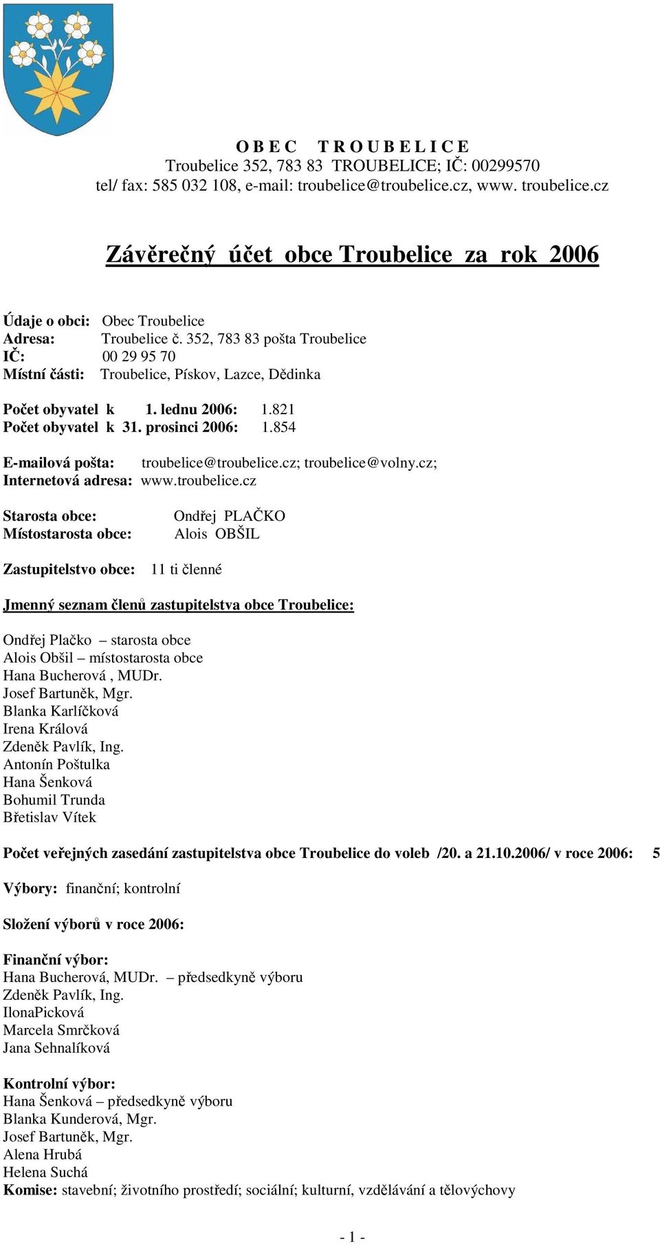 352, 783 83 pošta Troubelice IČ: 00 29 95 70 Místní části: Troubelice, Pískov, Lazce, Dědinka Počet obyvatel k 1. lednu 2006: 1.821 Počet obyvatel k 31. prosinci 2006: 1.