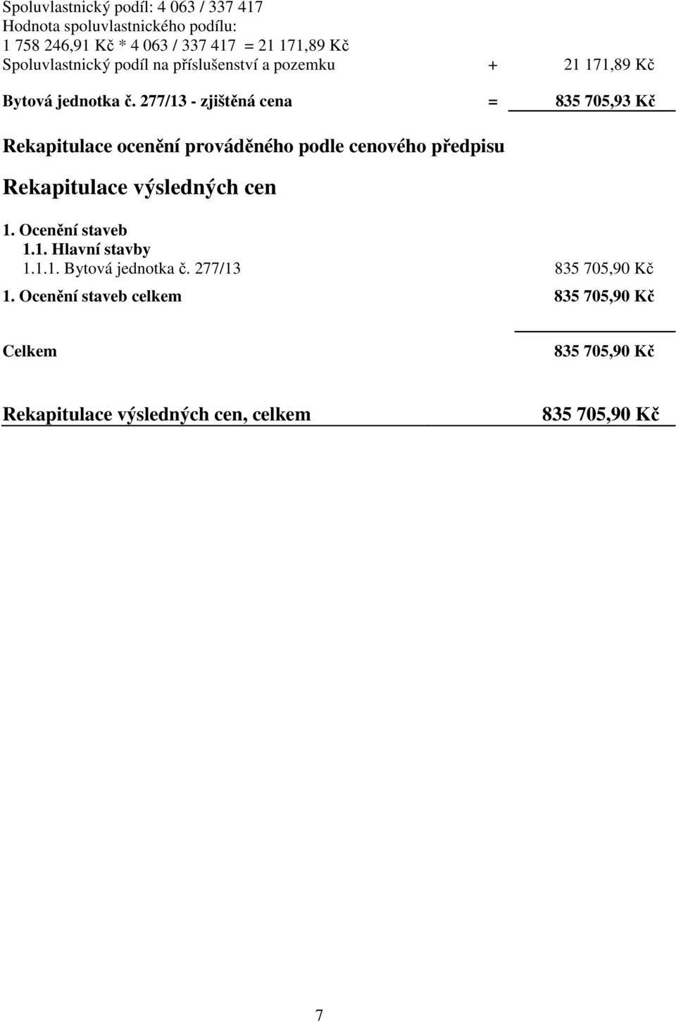 277/13 - zjištěná cena = 835 705,93 Kč Rekapitulace ocenění prováděného podle cenového předpisu Rekapitulace výsledných cen 1.