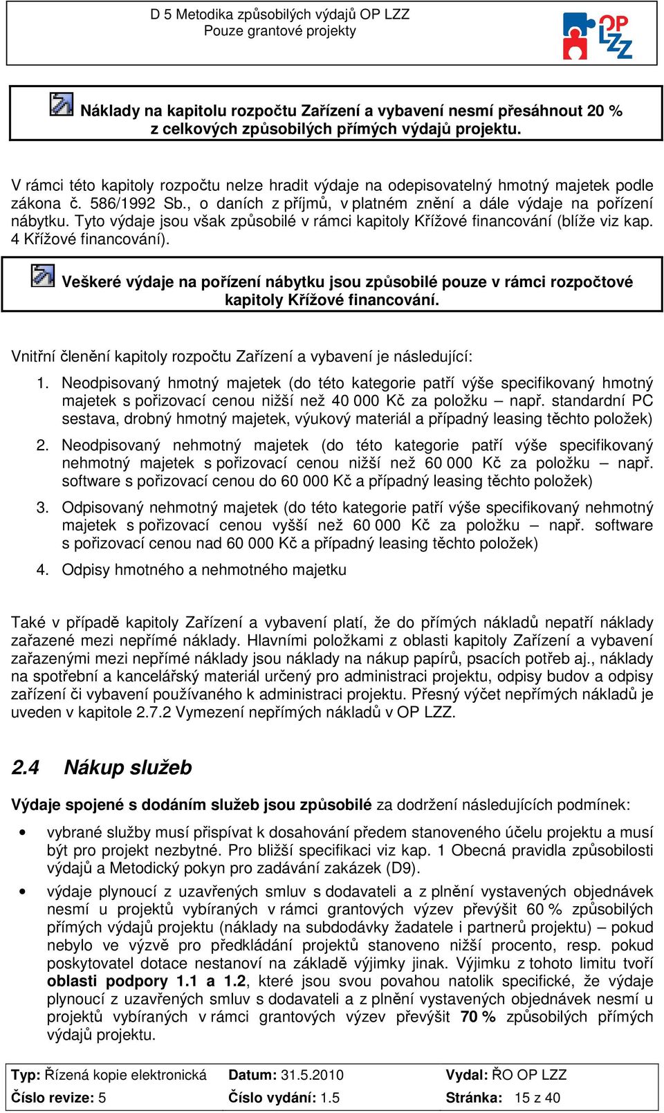 Tyt výdaje jsu však způsbilé v rámci kapitly Křížvé financvání (blíže viz kap. 4 Křížvé financvání). Veškeré výdaje na přízení nábytku jsu způsbilé puze v rámci rzpčtvé kapitly Křížvé financvání.