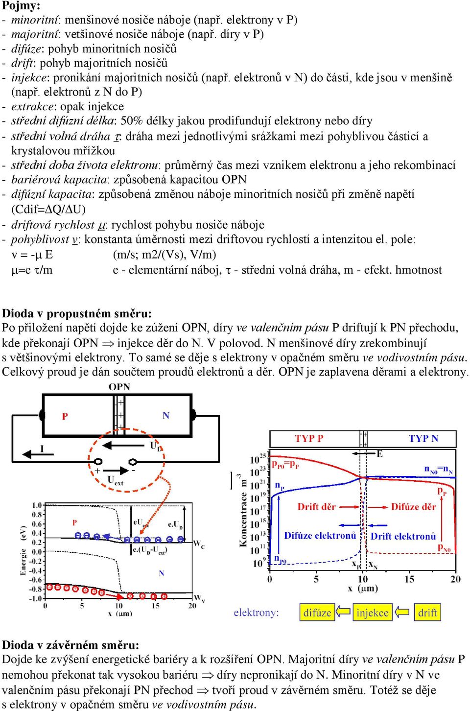 elektronů z N do P) - extrakce: opak injekce - střední difúzní délka: 50% délky jakou prodifundují elektrony nebo díry - střední volná dráha τ: dráha mezi jednotlivými srážkami mezi pohyblivou