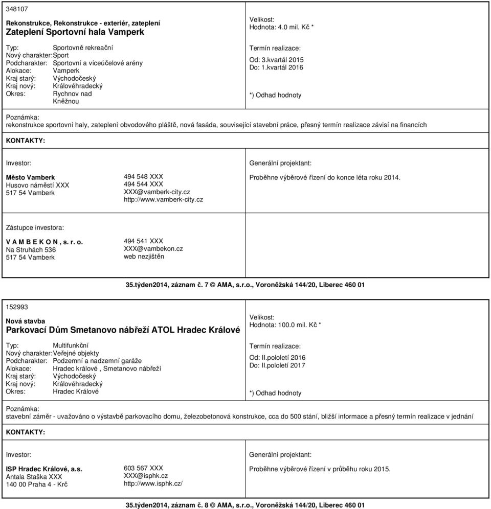 kvartál 2016 rekonstrukce sportovní haly, zateplení obvodového pláště, nová fasáda, související stavební práce, přesný termín realizace závisí na financích Město Vamberk Husovo náměstí XXX 517 54