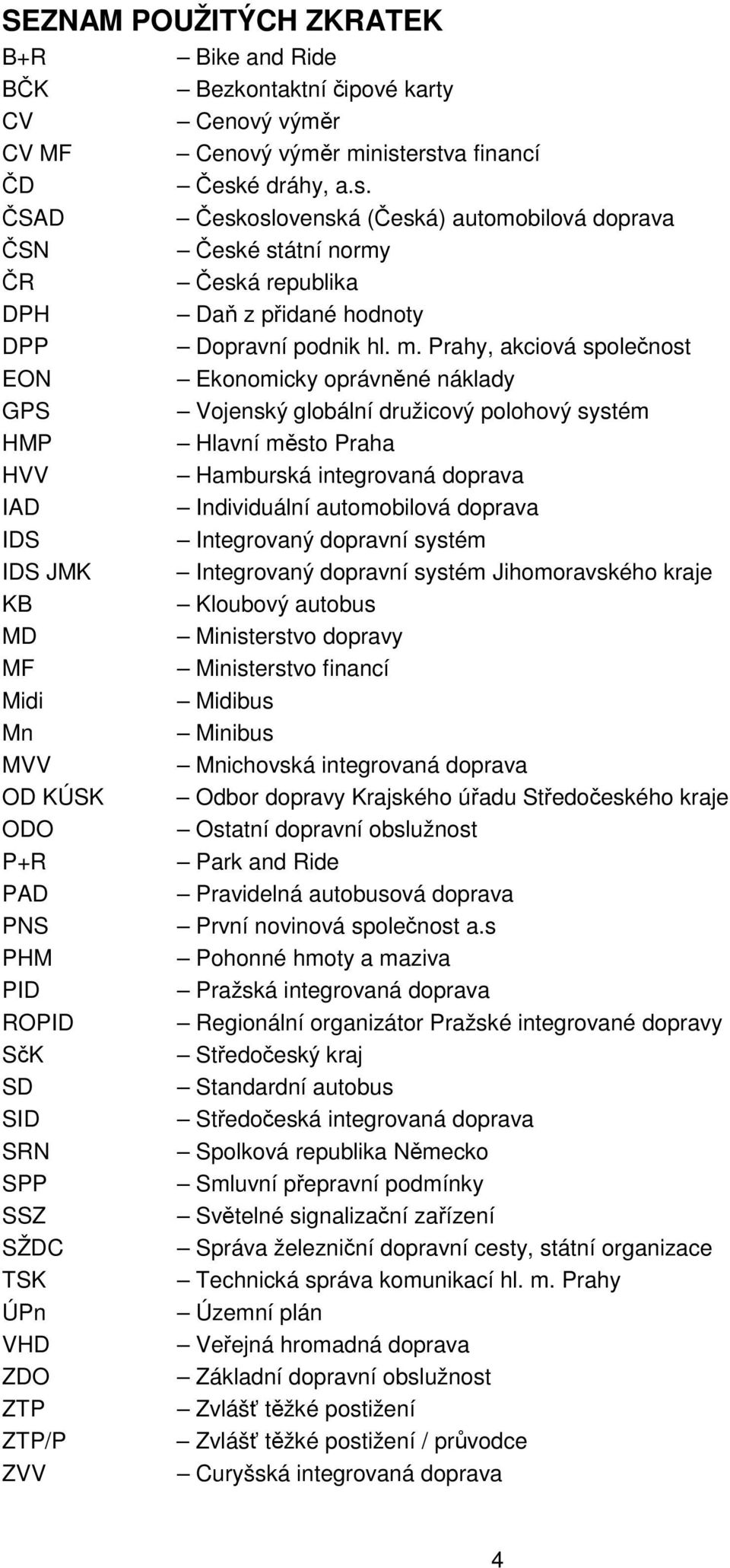 Prahy, akciová společnost EON Ekonomicky oprávněné náklady GPS Vojenský globální družicový polohový systém HMP Hlavní město Praha HVV Hamburská integrovaná doprava IAD Individuální automobilová