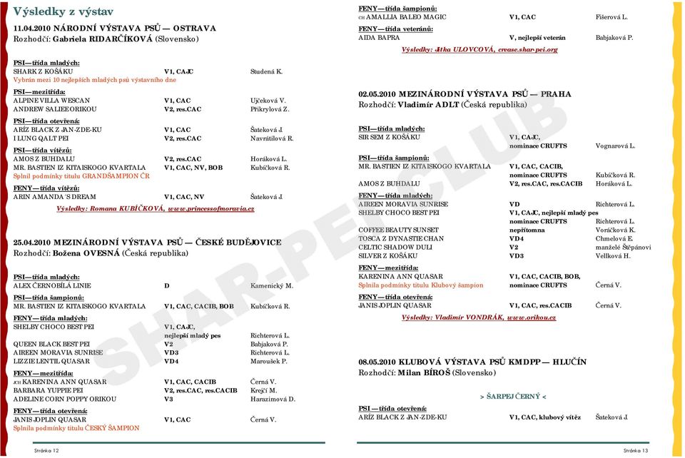 PSI třída otevřená: ARÍZ BLACK Z JAN-ZDE-KU V1, CAC Šateková J. I LUNG QALT PEI V2, res.cac Navrátilová R. PSI třída vítězů: AMOS Z BUHDALU V2, res.cac Horáková L. MR.