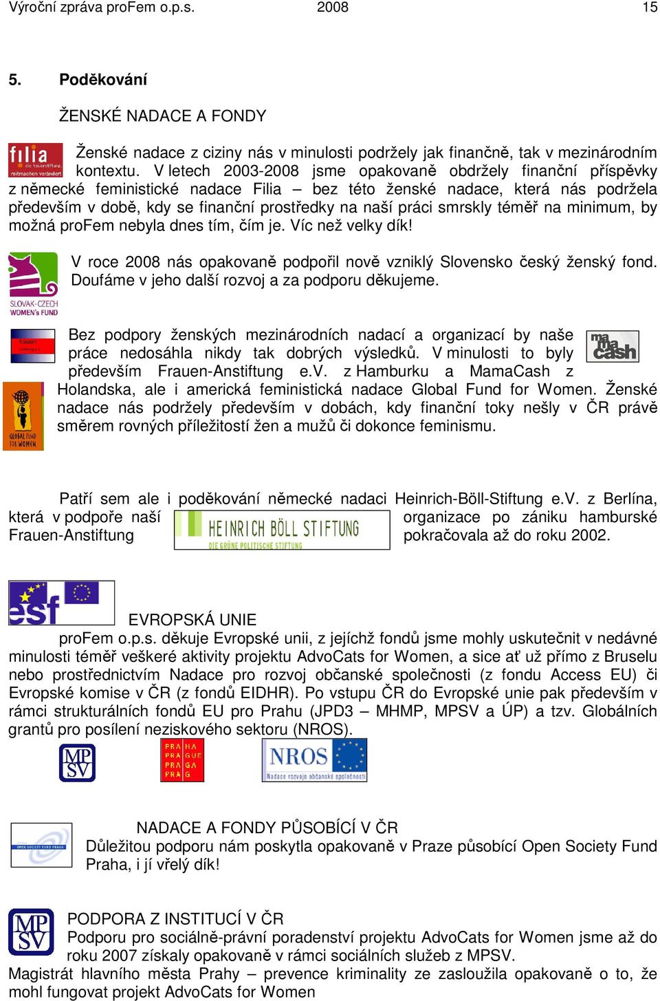 smrskly téměř na minimum, by možná profem nebyla dnes tím, čím je. Víc než velky dík! V roce 2008 nás opakovaně podpořil nově vzniklý Slovensko český ženský fond.