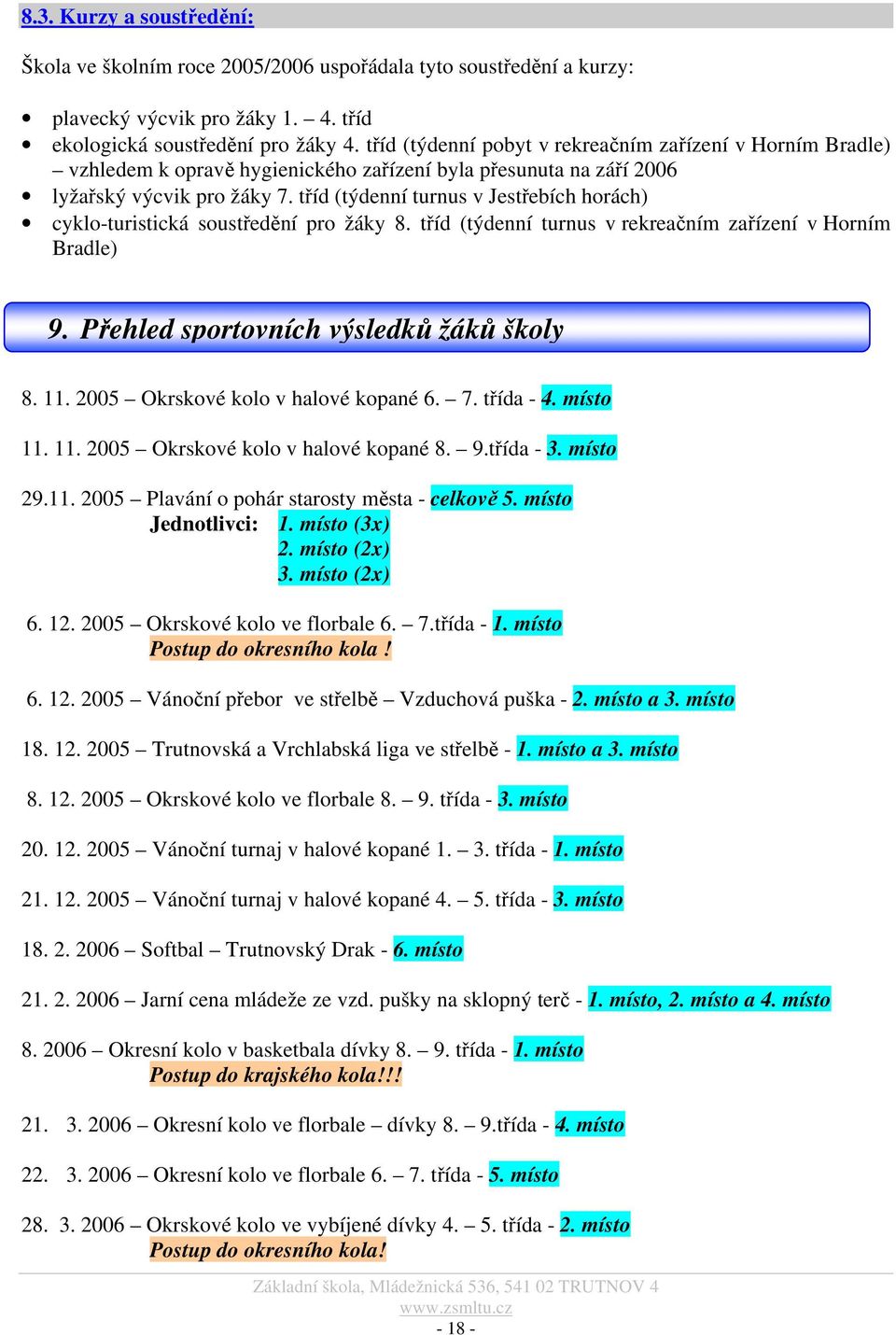 tříd (týdenní turnus v Jestřebích horách) cykloturistická soustředění pro žáky 8. tříd (týdenní turnus v rekreačním zařízení v Horním Bradle) 9. Přehled sportovních výsledků žáků školy 8. 11.