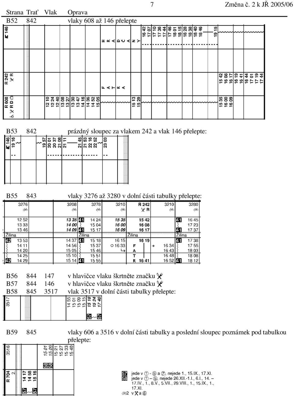 části tabulky přelepte: B56 844 147 v hlaviče vlaku škrtněte značku _ B57 844 146 v hlaviče vlaku škrtněte