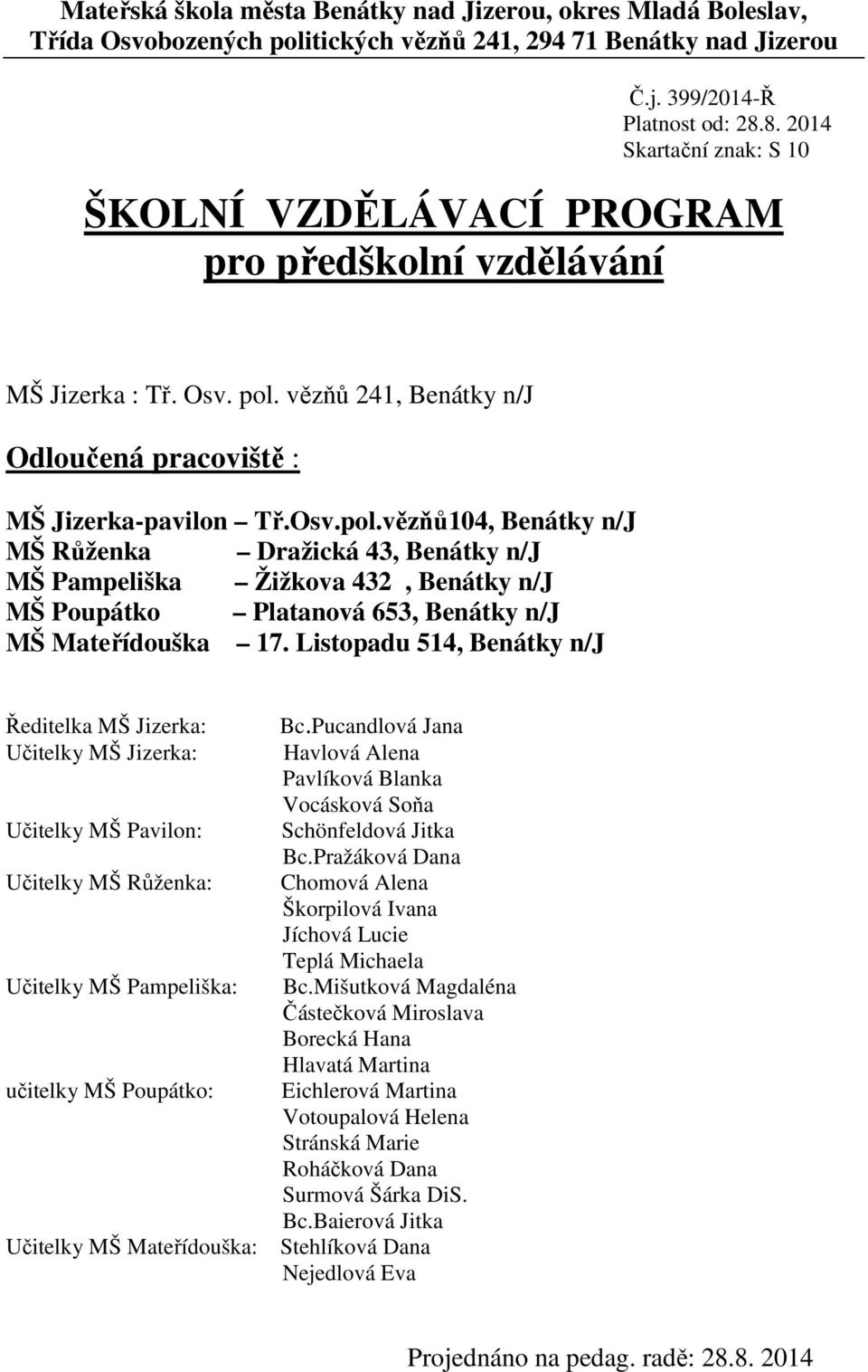 vězňů 241, Benátky n/j Odloučená pracoviště : MŠ Jizerka-pavilon Tř.Osv.pol.