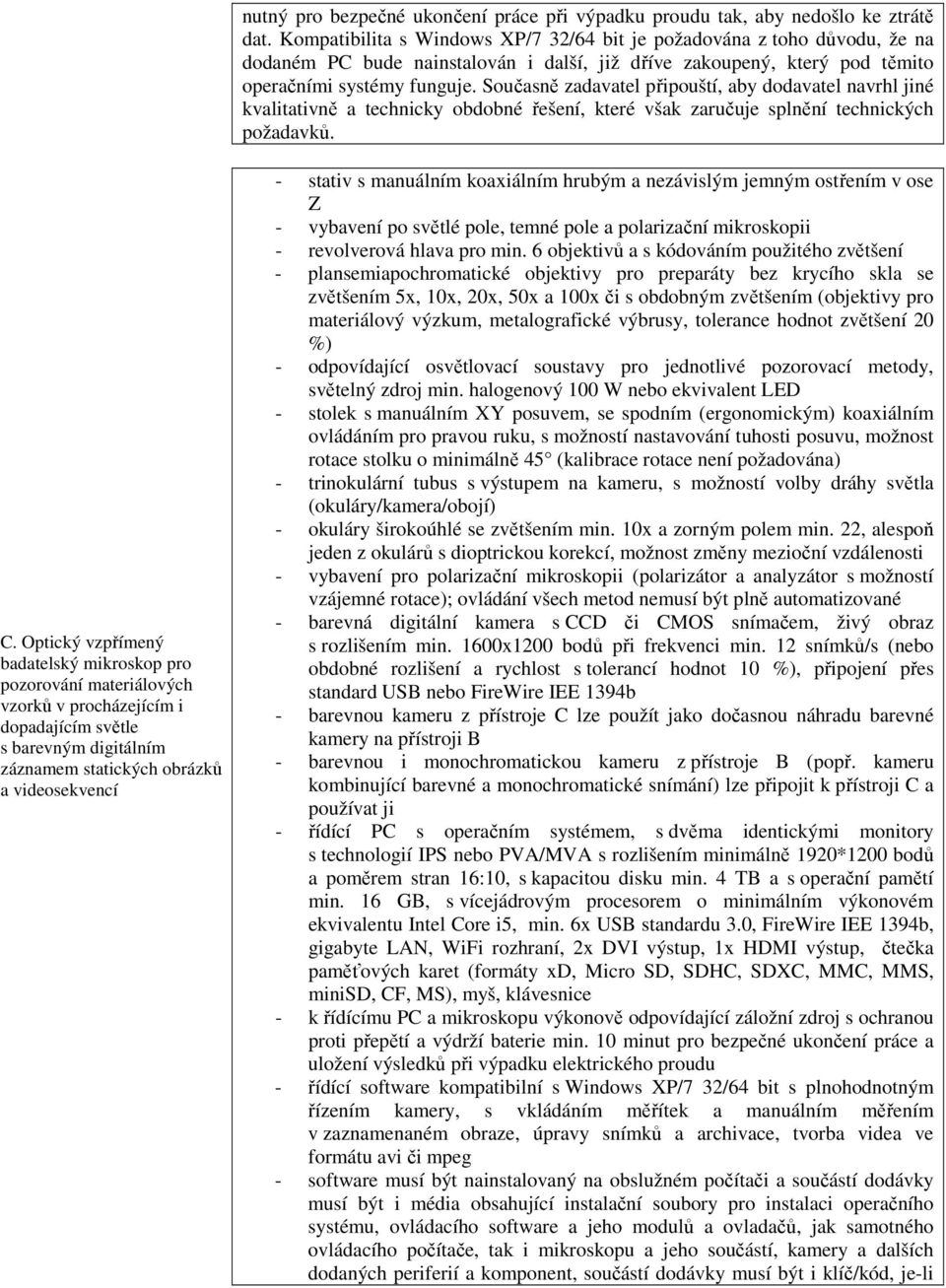 Současně zadavatel připouští, aby dodavatel navrhl jiné kvalitativně a technicky obdobné řešení, které však zaručuje splnění technických požadavků. C.