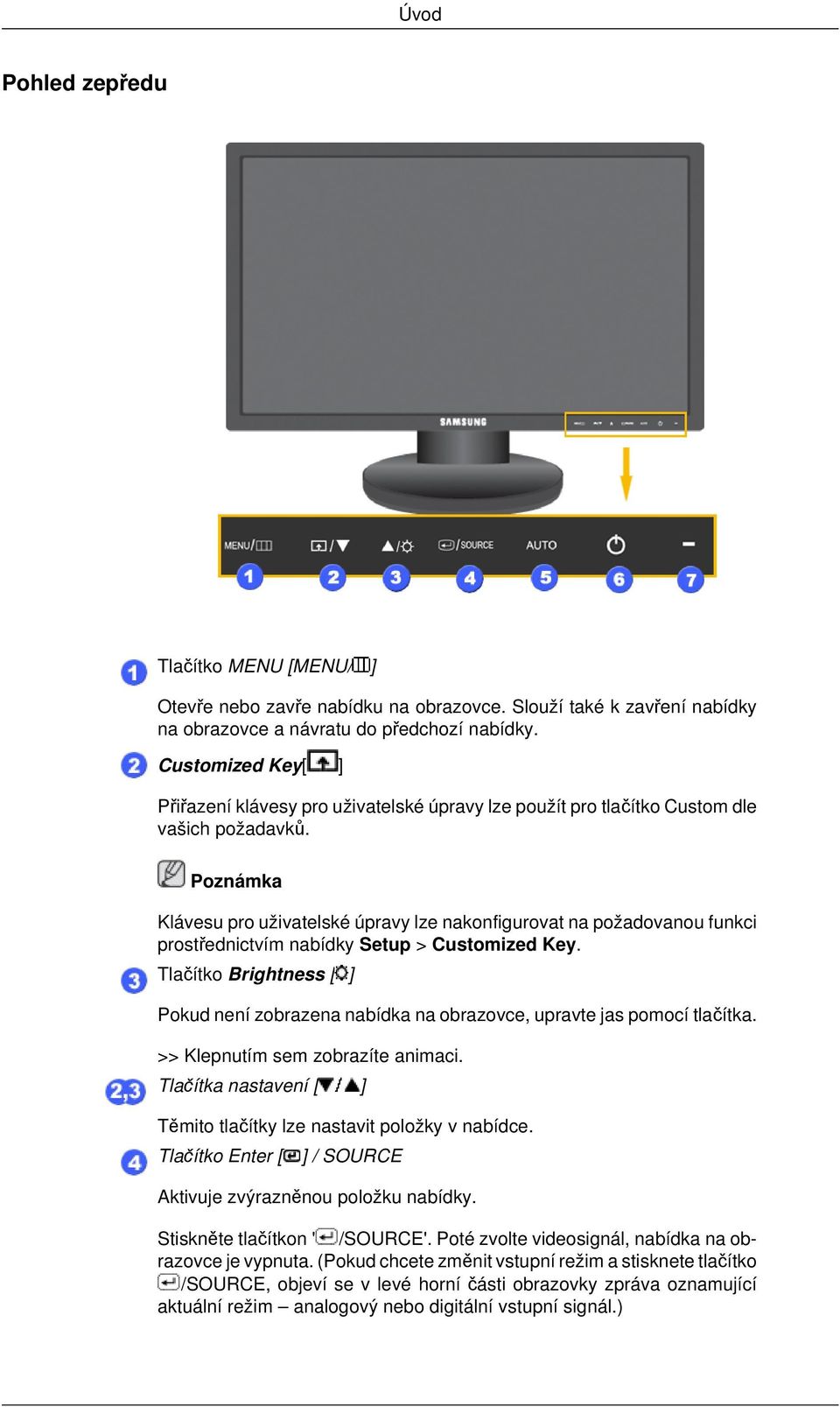 Poznámka Klávesu pro uživatelské úpravy lze nakonfigurovat na požadovanou funkci prostřednictvím nabídky Setup > Customized Key.