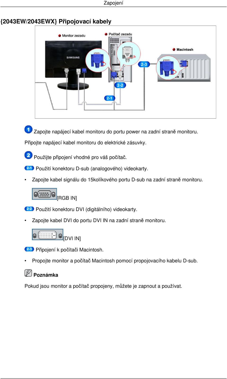 Zapojte kabel signálu do 15kolíkového portu D-sub na zadní straně monitoru. [RGB IN] Použití konektoru DVI (digitálního) videokarty.
