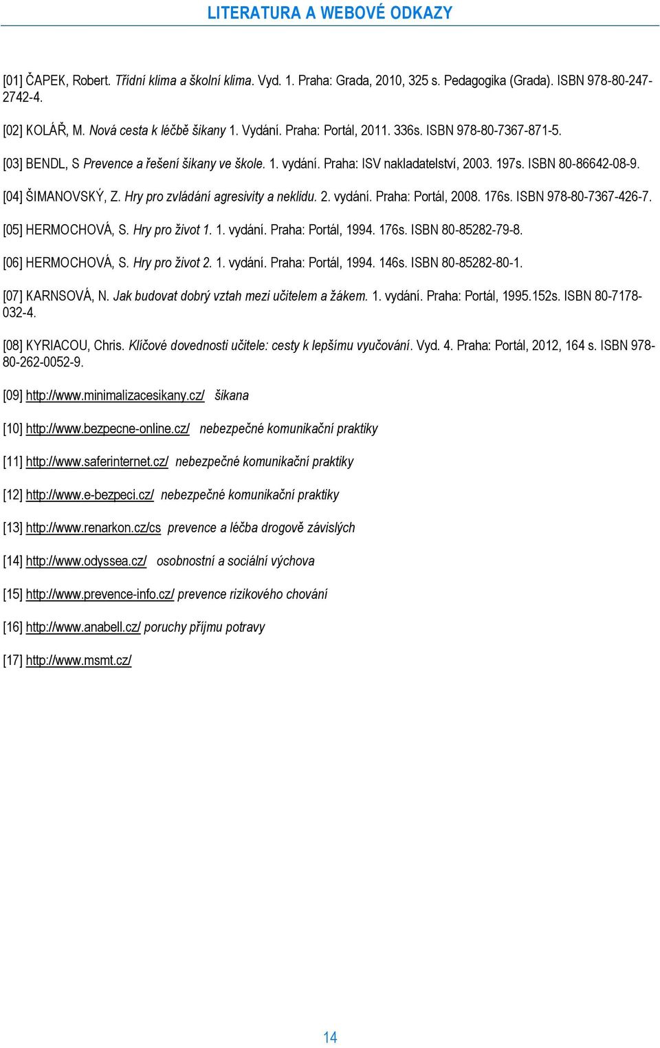 Hry pro zvládání agresivity a neklidu. 2. vydání. Praha: Portál, 2008. 176s. ISBN 978-80-7367-426-7. [05] HERMOCHOVÁ, S. Hry pro život 1. 1. vydání. Praha: Portál, 1994. 176s. ISBN 80-85282-79-8.