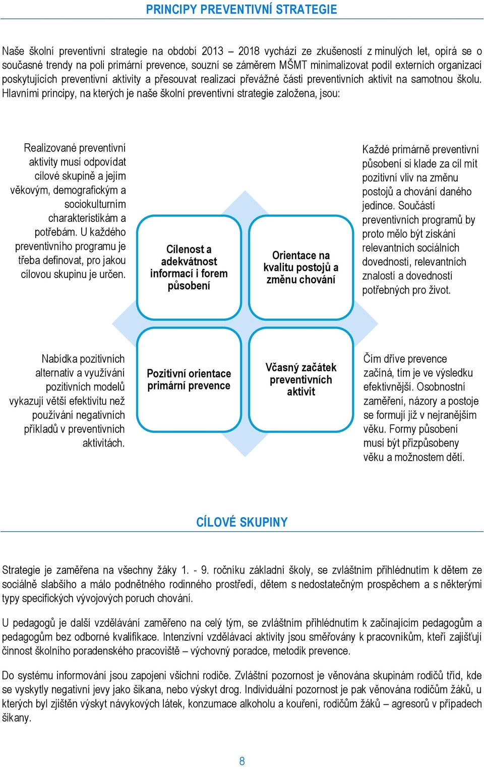 Hlavními principy, na kterých je naše školní preventivní strategie založena, jsou: Realizované preventivní aktivity musí odpovídat cílové skupině a jejím věkovým, demografickým a sociokulturním