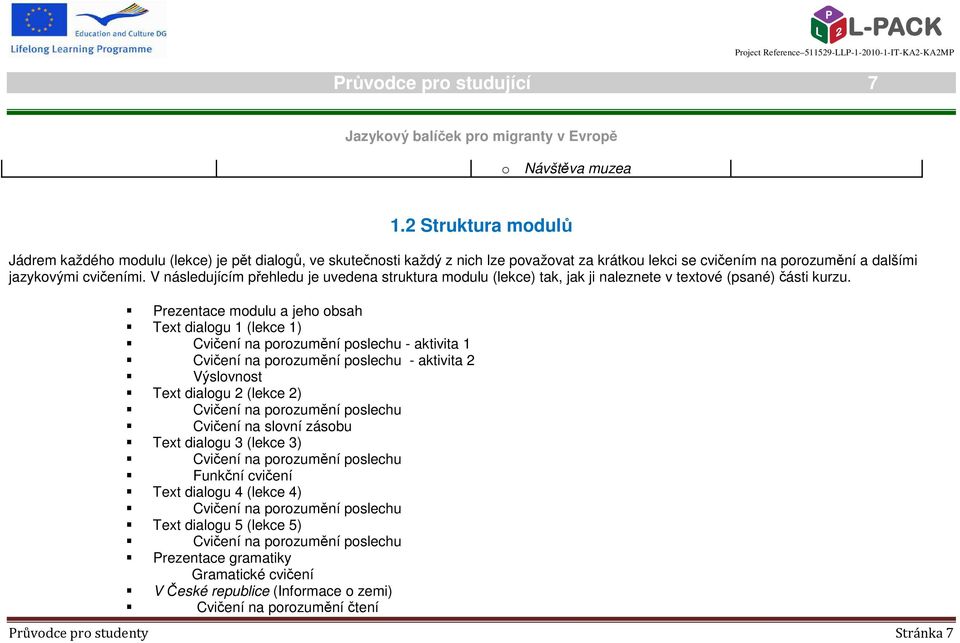 V následujícím přehledu je uvedena struktura modulu (lekce) tak, jak ji naleznete v textové (psané) části kurzu.