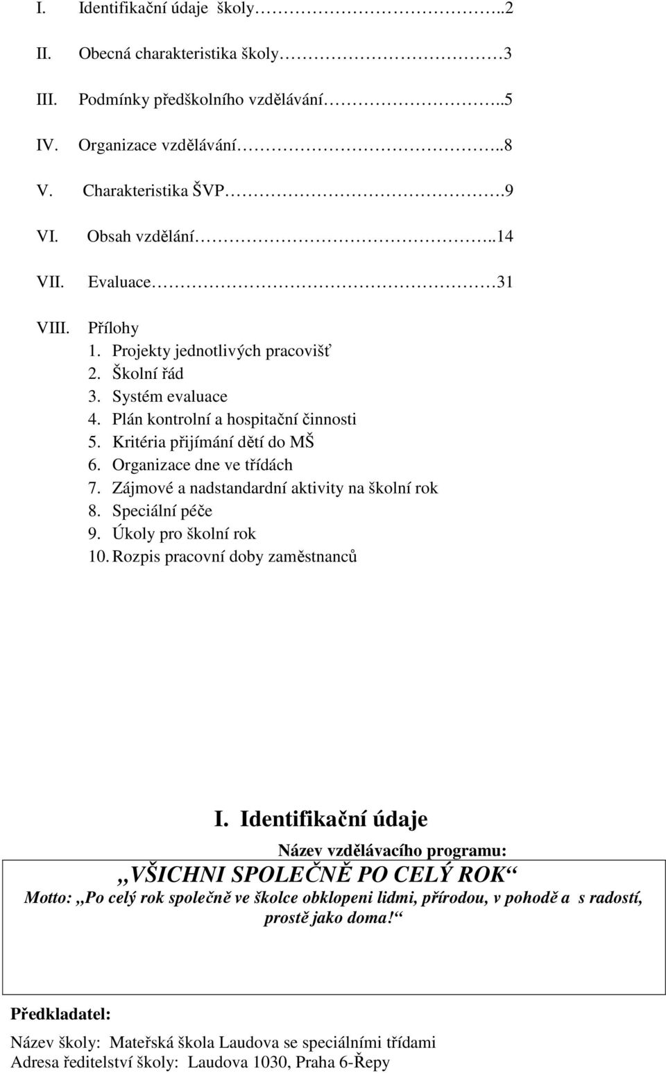 Zájmové a nadstandardní aktivity na školní rok 8. Speciální péče 9. Úkoly pro školní rok 10. Rozpis pracovní doby zaměstnanců I.